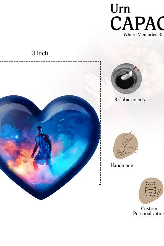 Pastel Blue Basketball Cremation Urn front view showing detailed design - heart-shaped basketball design symbolizing eternal love - mini keepsake memorial for portion of cremation ashes