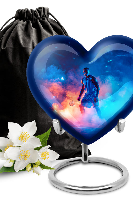 Azure Basketball Cremation Urn detail view - heart-shaped basketball design symbolizing eternal love - full-size 10 inch 200 cubic inch adult cremation urn