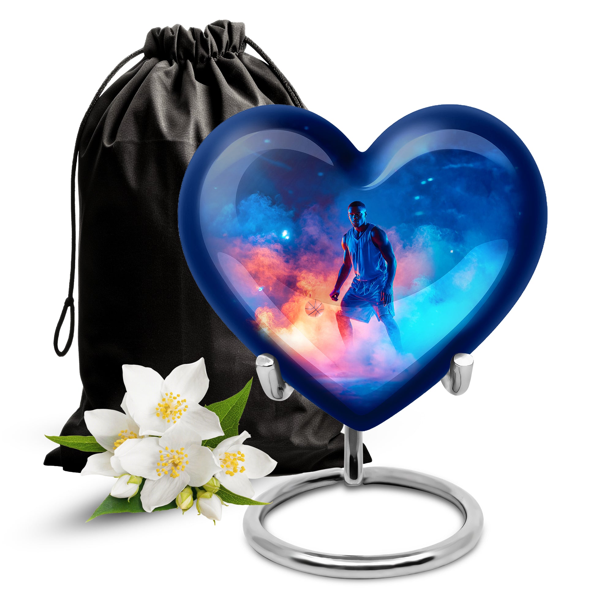 Azure Basketball Cremation Urn detail view - heart-shaped basketball design symbolizing eternal love - full-size 10 inch 200 cubic inch adult cremation urn