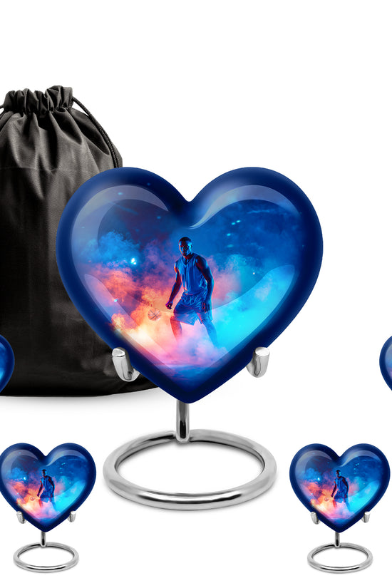 Icy Blue Basketball Cremation Urn close-up of engraving and surface detail - loving heart memorial featuring basketball pattern - memorial set with one large and four small urns