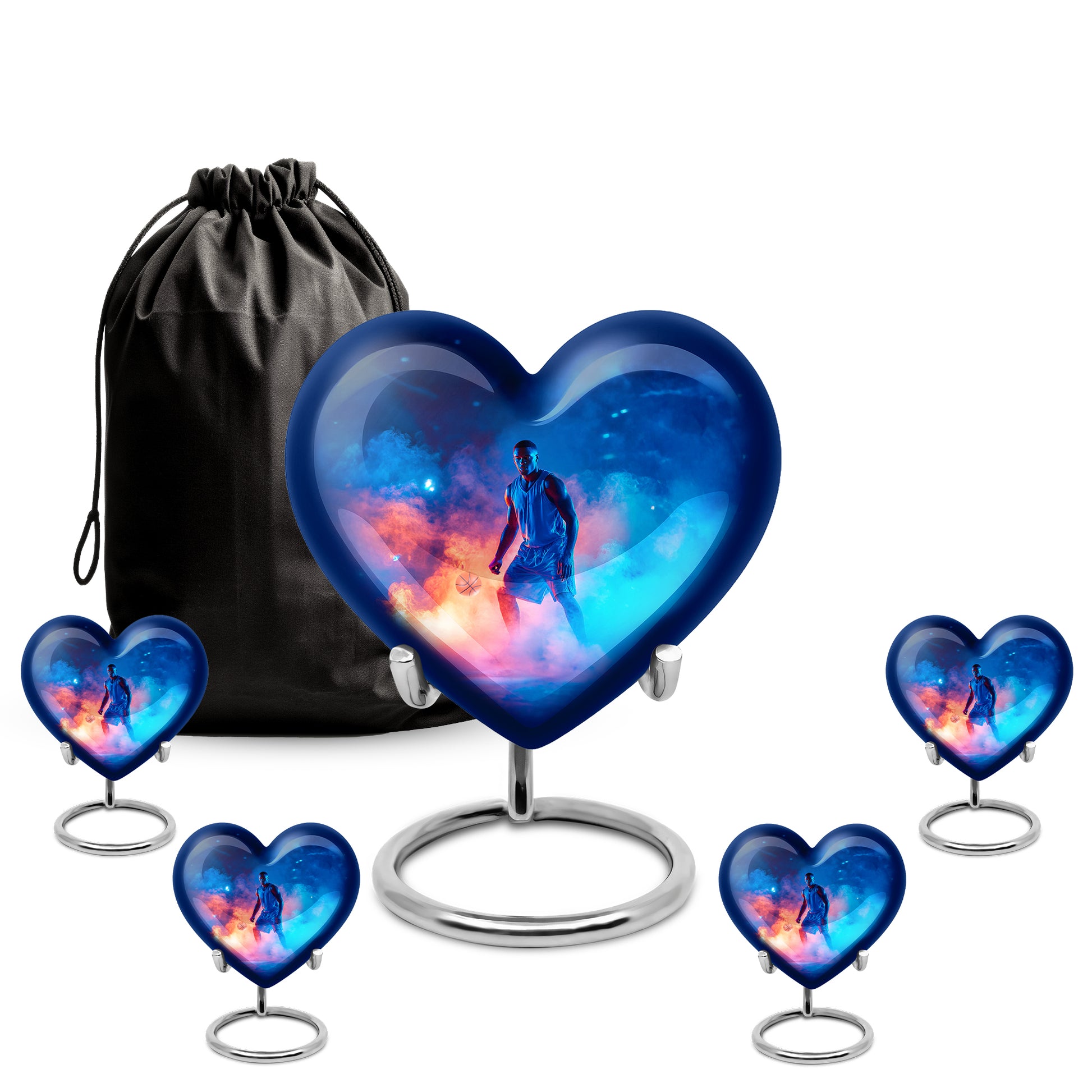 Icy Blue Basketball Cremation Urn close-up of engraving and surface detail - loving heart memorial featuring basketball pattern - memorial set with one large and four small urns