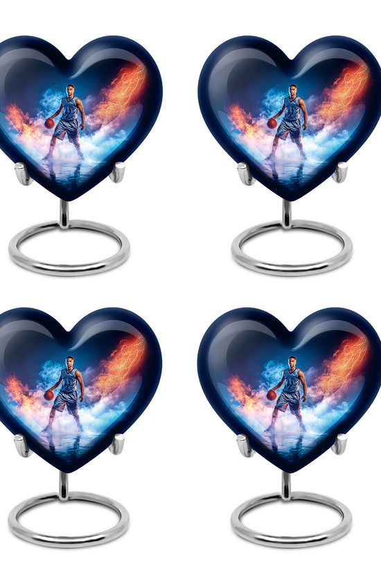Twilight Blue Basketball Cremation Urn angled view of lid and engraved motif - romantic heart urn with basketball motif on aluminum - 10 inch aluminum urn for cremated remains