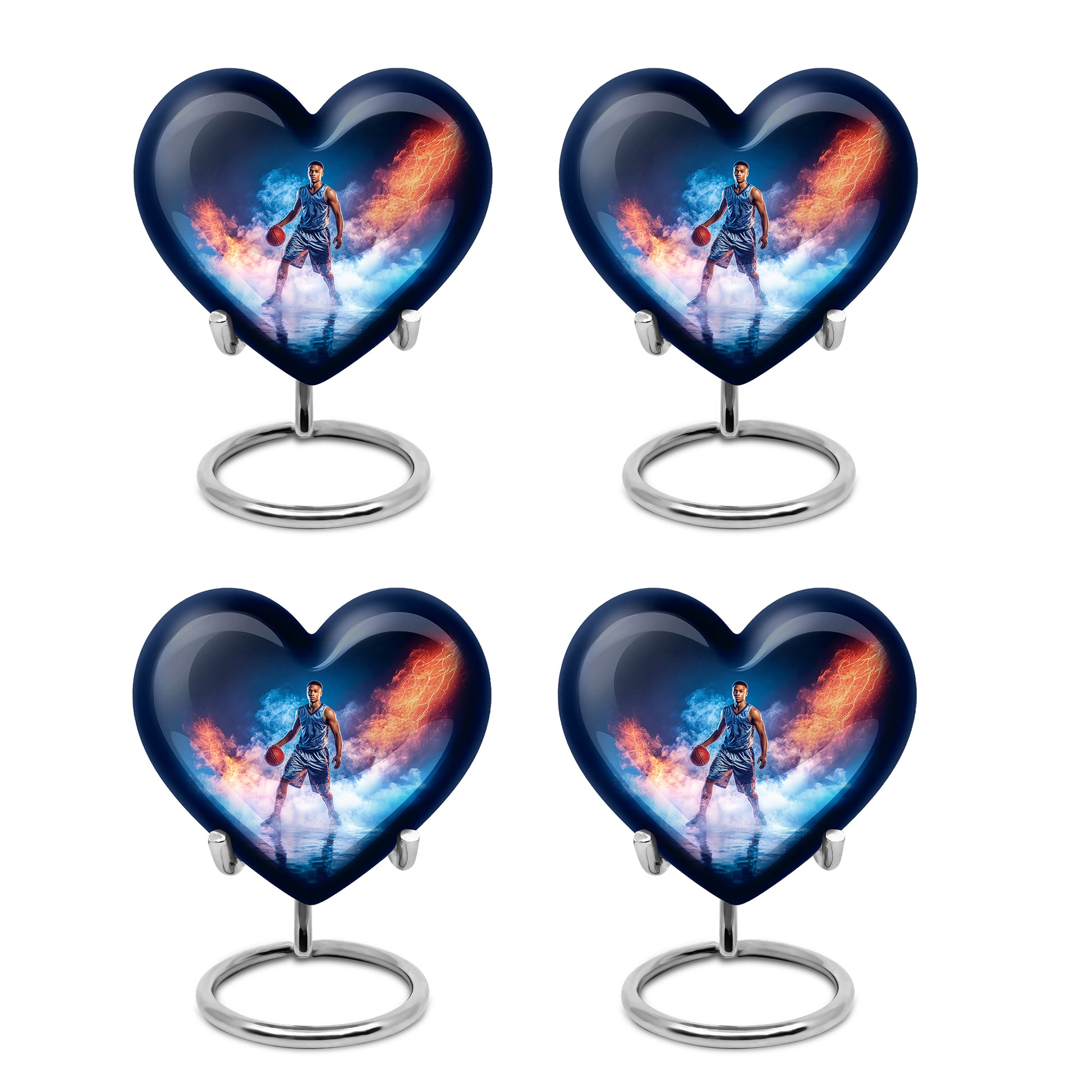 Twilight Blue Basketball Cremation Urn angled view of lid and engraved motif - romantic heart urn with basketball motif on aluminum - 10 inch aluminum urn for cremated remains
