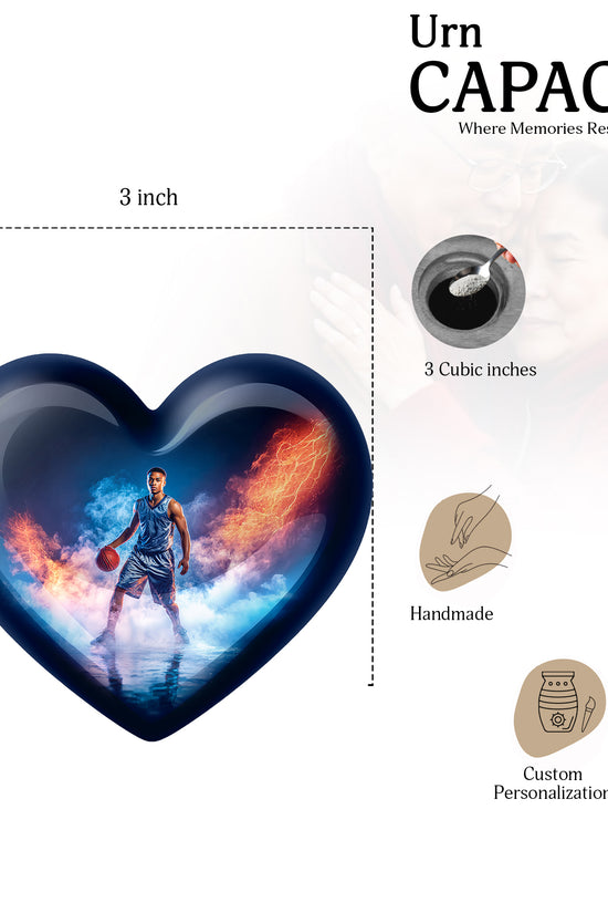Steel Blue Basketball Cremation Urn front view showing detailed design - compassionate heart-basketball combination with gentle curves - mini keepsake memorial for portion of cremation ashes