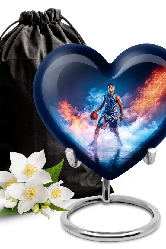 Slate Blue Basketball Cremation Urn detail view - heart-shaped basketball design symbolizing eternal love - full-size 10 inch 200 cubic inch adult cremation urn
