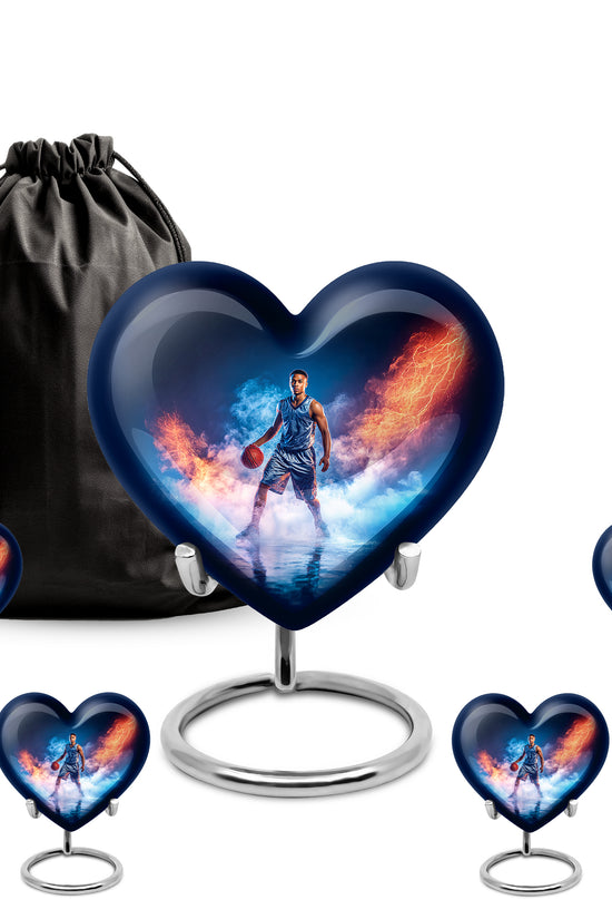 Soft Blue Basketball Cremation Urn close-up of engraving and surface detail - romantic heart urn with basketball motif on aluminum - memorial set with one large and four small urns