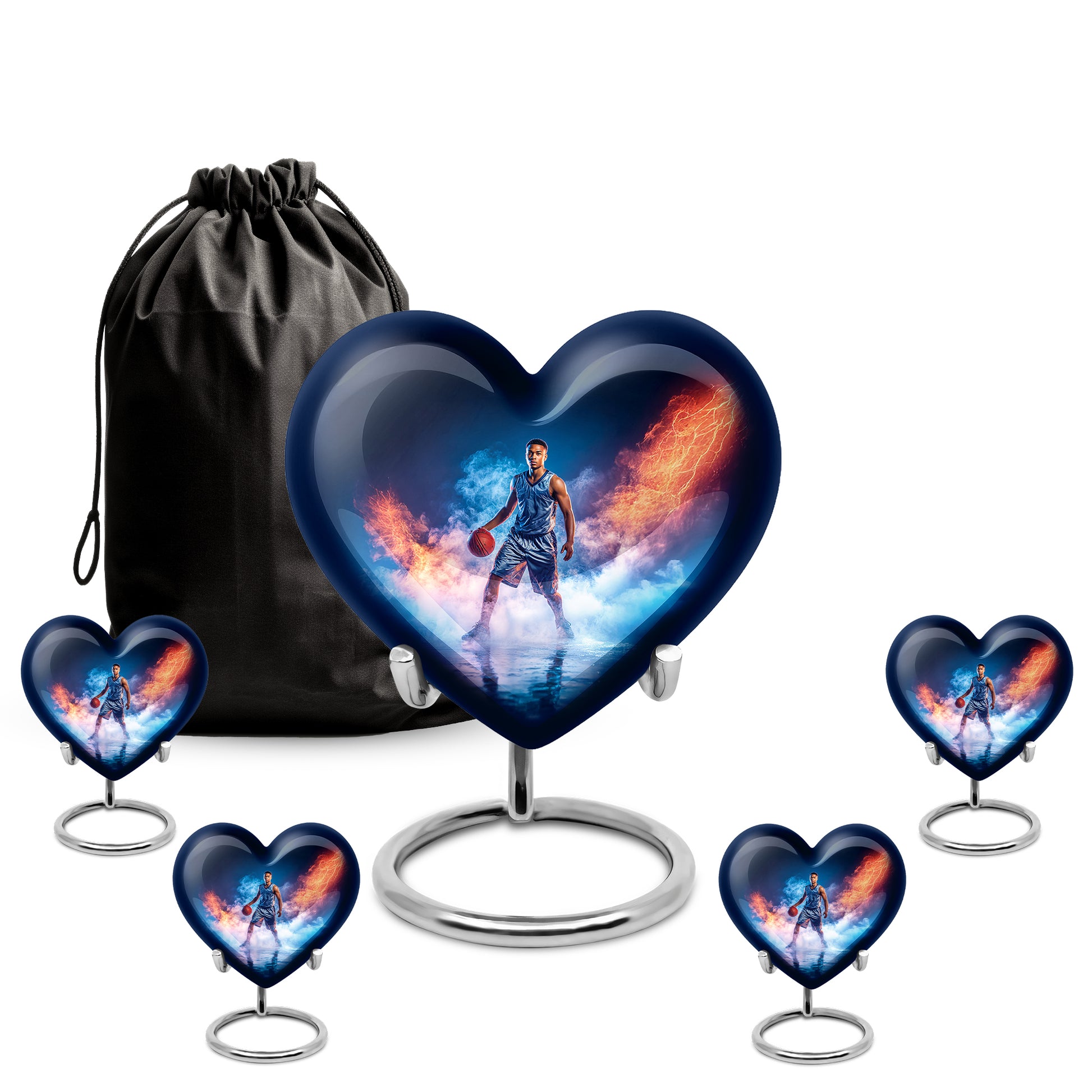 Soft Blue Basketball Cremation Urn close-up of engraving and surface detail - romantic heart urn with basketball motif on aluminum - memorial set with one large and four small urns