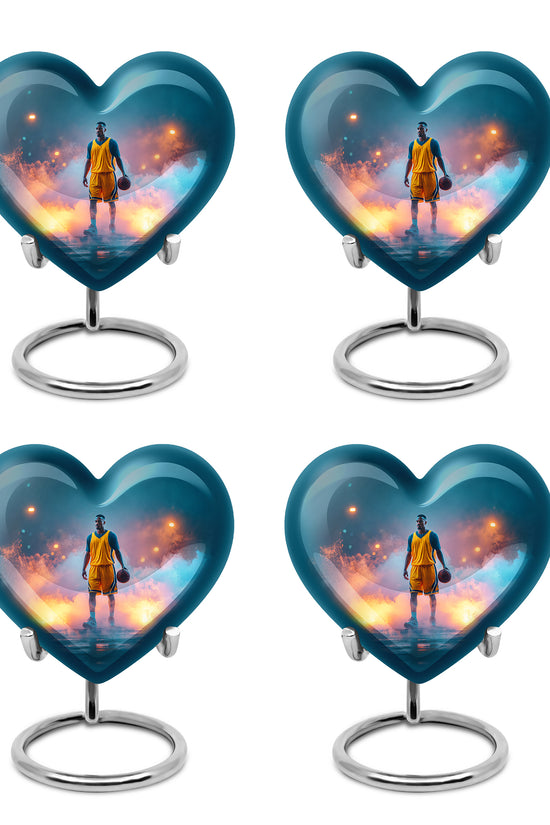 Cool Teal Basketball Cremation Urn angled view of lid and engraved motif - heart-shaped basketball design symbolizing eternal love - 10 inch aluminum urn for cremated remains