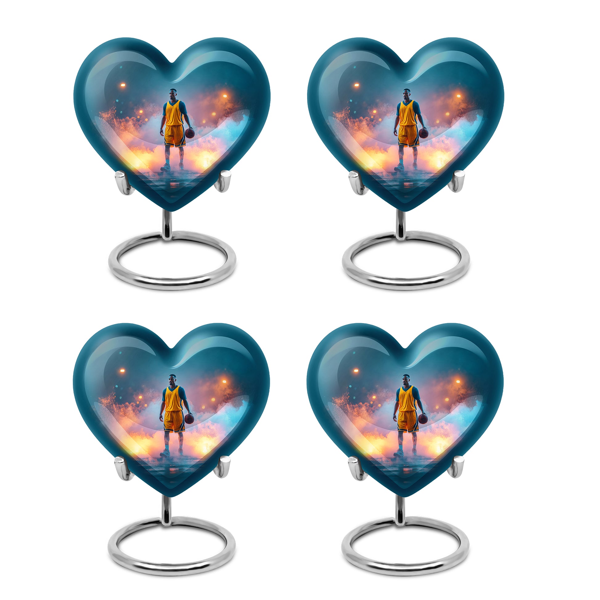 Cool Teal Basketball Cremation Urn angled view of lid and engraved motif - heart-shaped basketball design symbolizing eternal love - 10 inch aluminum urn for cremated remains