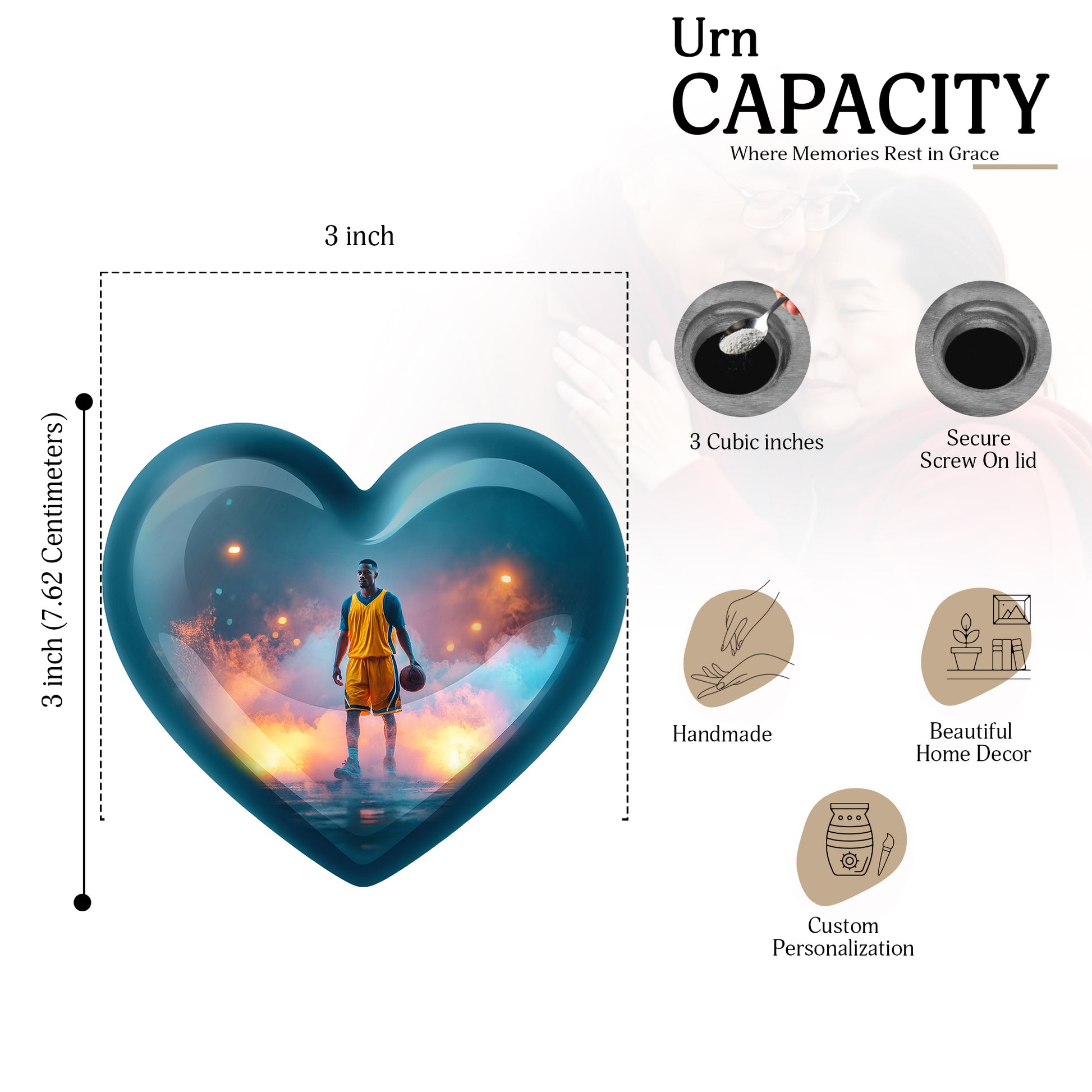 Jewel Teal Basketball Cremation Urn front view showing detailed design - heart-shaped basketball design symbolizing eternal love - mini keepsake memorial for portion of cremation ashes