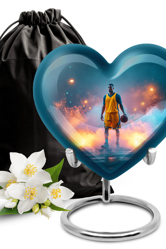 Sea Green Teal Basketball Cremation Urn detail view - loving heart memorial featuring basketball pattern - full-size 10 inch 200 cubic inch adult cremation urn