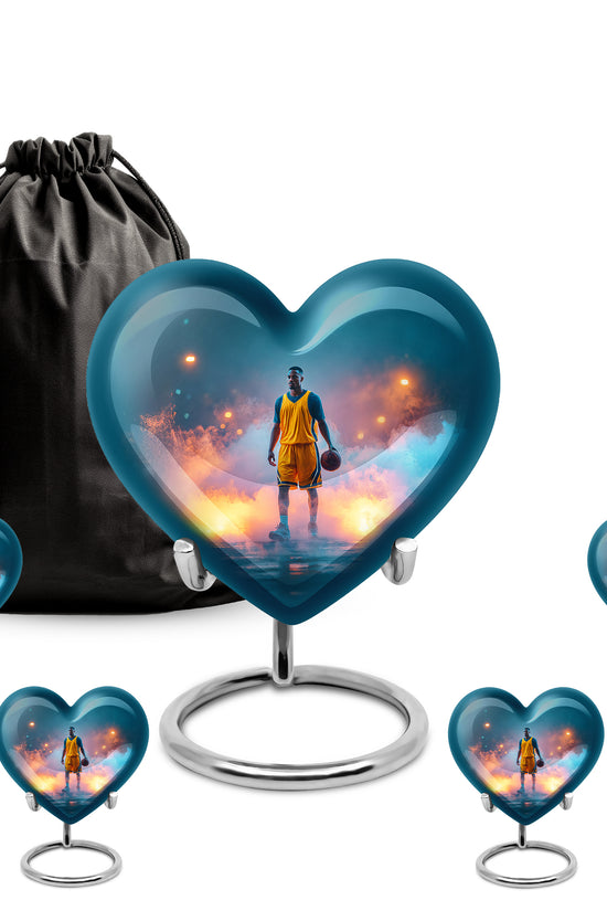 Jewel Teal Basketball Cremation Urn close-up of engraving and surface detail - heart-shaped basketball design symbolizing eternal love - memorial set with one large and four small urns