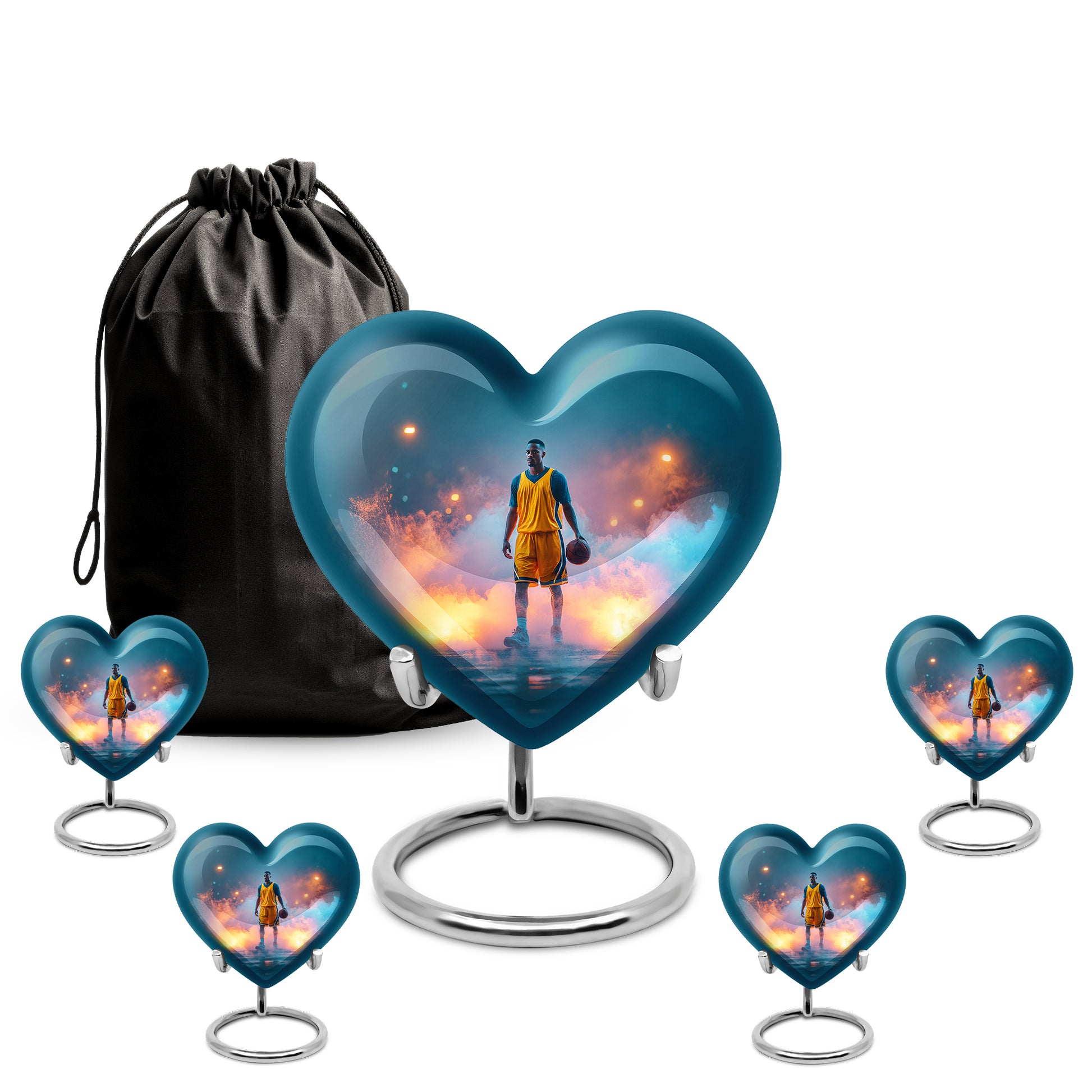 Jewel Teal Basketball Cremation Urn close-up of engraving and surface detail - heart-shaped basketball design symbolizing eternal love - memorial set with one large and four small urns