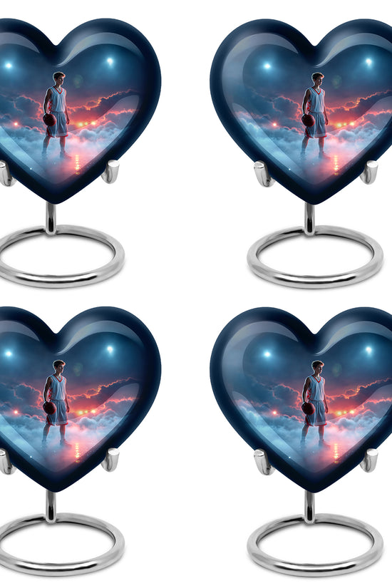 Navy Blue Basketball Cremation Urn angled view of lid and engraved motif - heart-shaped basketball design symbolizing eternal love - 10 inch aluminum urn for cremated remains
