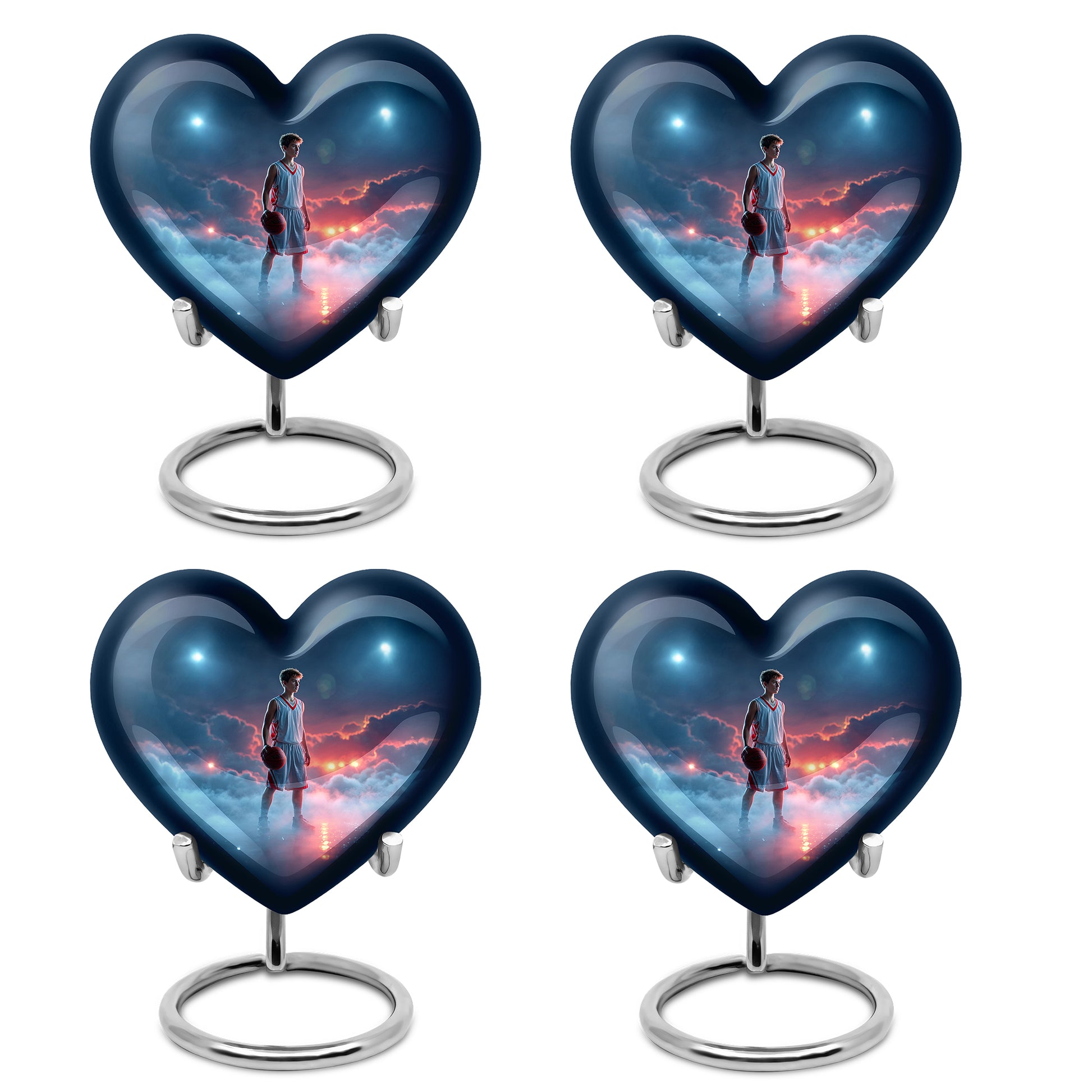 Navy Blue Basketball Cremation Urn angled view of lid and engraved motif - heart-shaped basketball design symbolizing eternal love - 10 inch aluminum urn for cremated remains