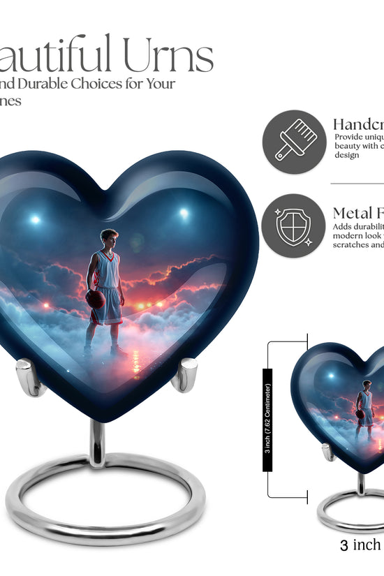 Sapphire Blue Basketball Cremation Urn front view showing detailed design - romantic heart urn with basketball motif on aluminum - mini keepsake memorial for portion of cremation ashes