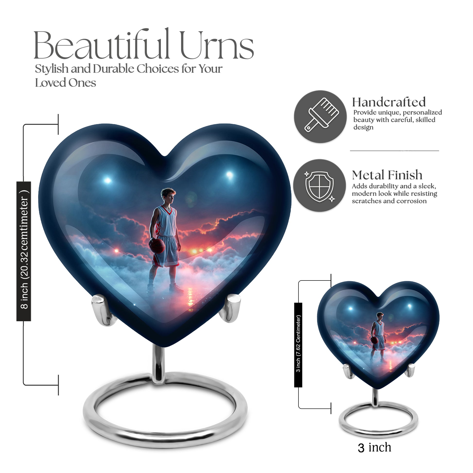 Sapphire Blue Basketball Cremation Urn front view showing detailed design - romantic heart urn with basketball motif on aluminum - mini keepsake memorial for portion of cremation ashes