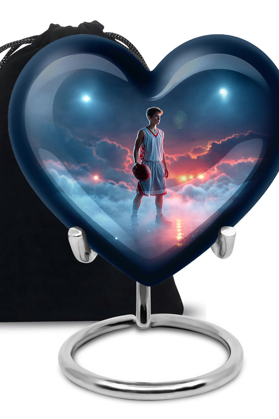 Serene Blue Basketball Cremation Urn detail view - romantic heart urn with basketball motif on aluminum - full-size 10 inch 200 cubic inch adult cremation urn