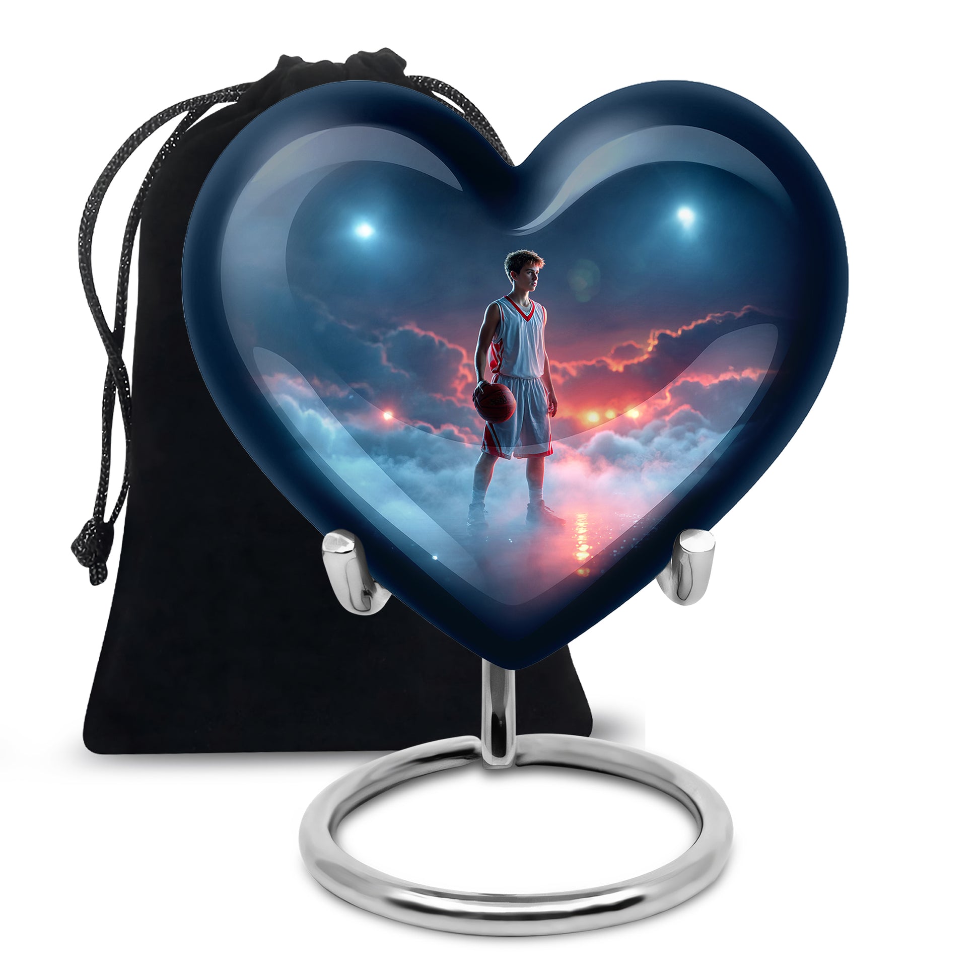 Serene Blue Basketball Cremation Urn detail view - romantic heart urn with basketball motif on aluminum - full-size 10 inch 200 cubic inch adult cremation urn