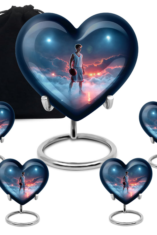 Icy Blue Basketball Cremation Urn close-up of engraving and surface detail - heart-shaped basketball design symbolizing eternal love - memorial set with one large and four small urns