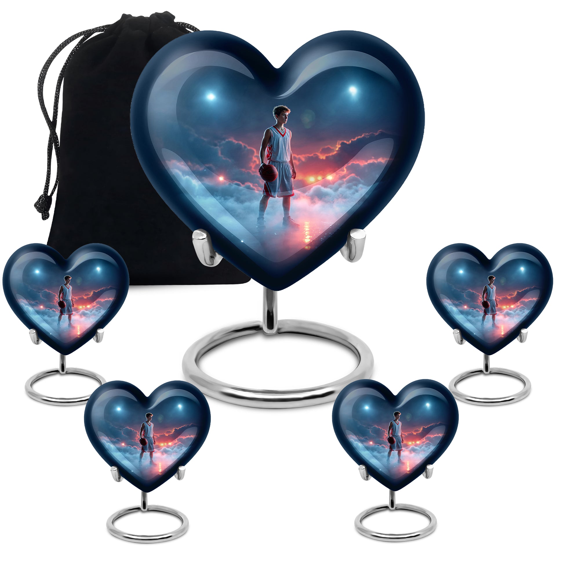 Icy Blue Basketball Cremation Urn close-up of engraving and surface detail - heart-shaped basketball design symbolizing eternal love - memorial set with one large and four small urns