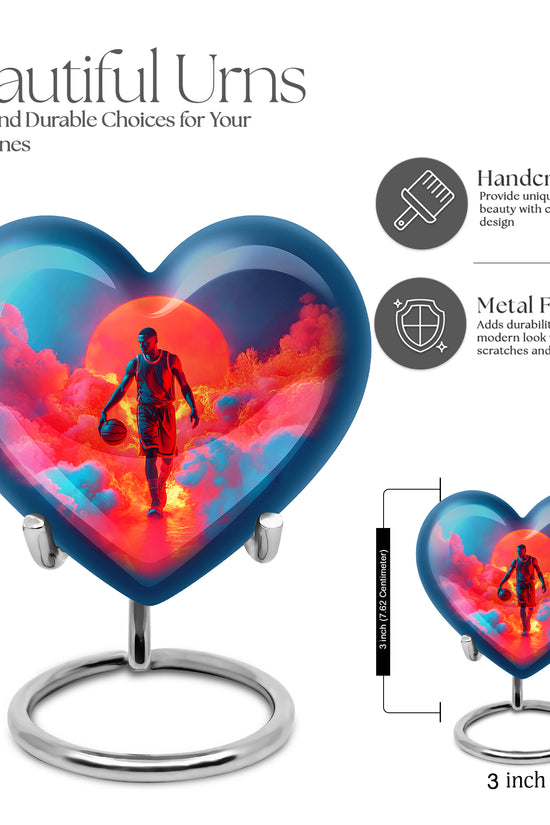 Celestial Blue Basketball Cremation Urn front view showing detailed design - heart-shaped basketball design symbolizing eternal love - mini keepsake memorial for portion of cremation ashes