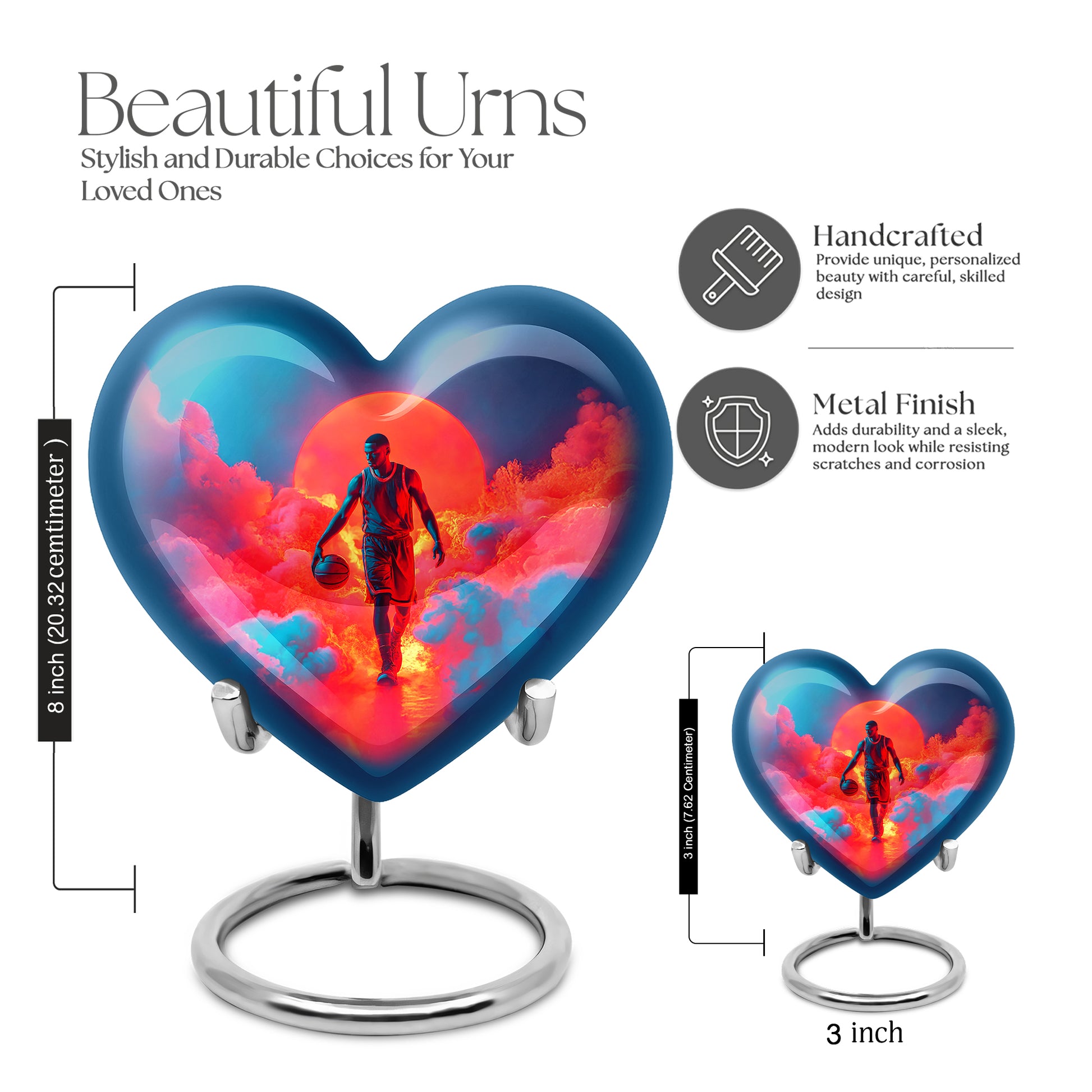 Celestial Blue Basketball Cremation Urn front view showing detailed design - heart-shaped basketball design symbolizing eternal love - mini keepsake memorial for portion of cremation ashes