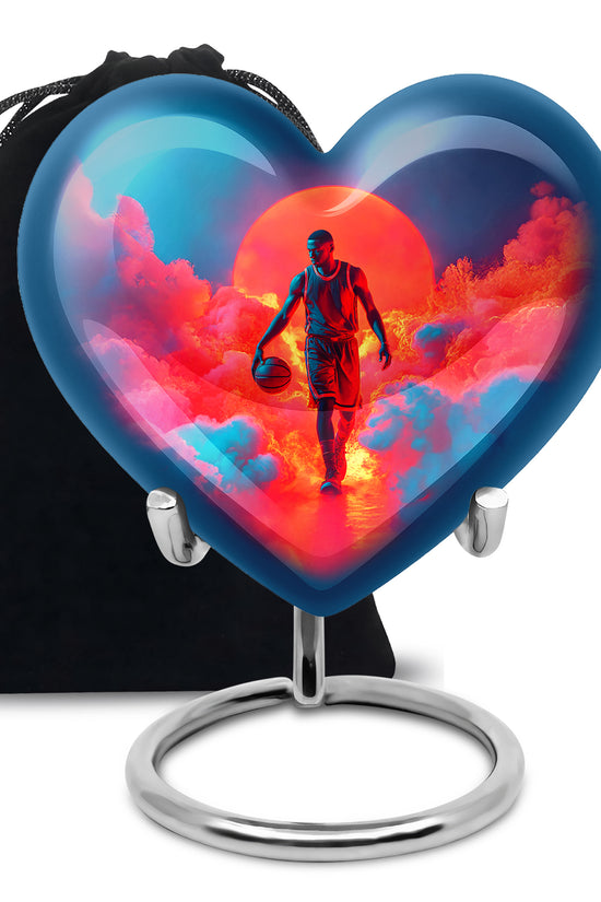 Royal Blue Basketball Cremation Urn detail view - romantic heart urn with basketball motif on aluminum - full-size 10 inch 200 cubic inch adult cremation urn