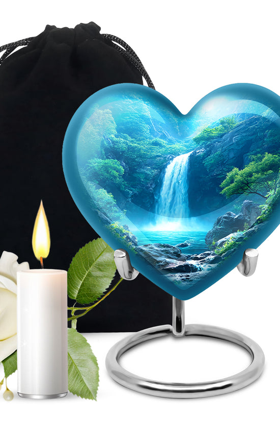 Scenic Waterfall Funeral Urn - Blue Aluminium Cremation Urn For Adult Ashes