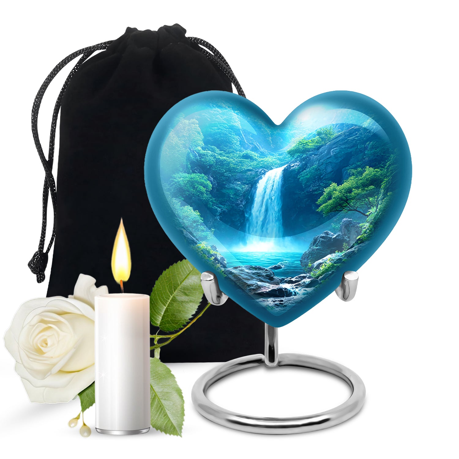 Scenic Waterfall Funeral Urn - Blue Aluminium Cremation Urn For Adult Ashes