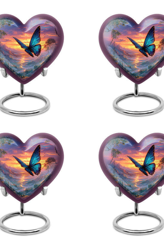 Vivid Blue Butterfly Cremation Urn angled view of lid and engraved motif - compassionate heart-butterfly combination with gentle curves - 10 inch aluminum urn for cremated remains