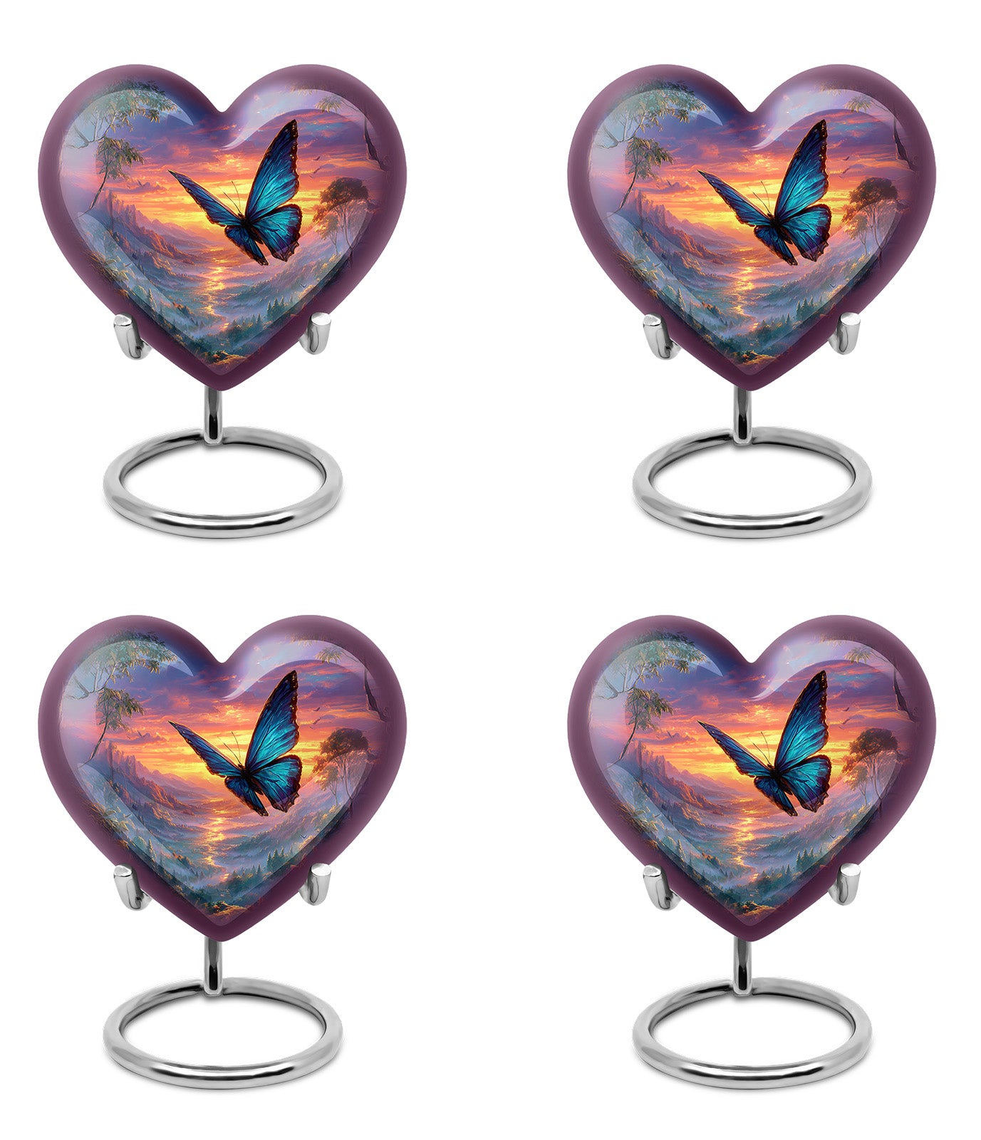 Vivid Blue Butterfly Cremation Urn angled view of lid and engraved motif - compassionate heart-butterfly combination with gentle curves - 10 inch aluminum urn for cremated remains
