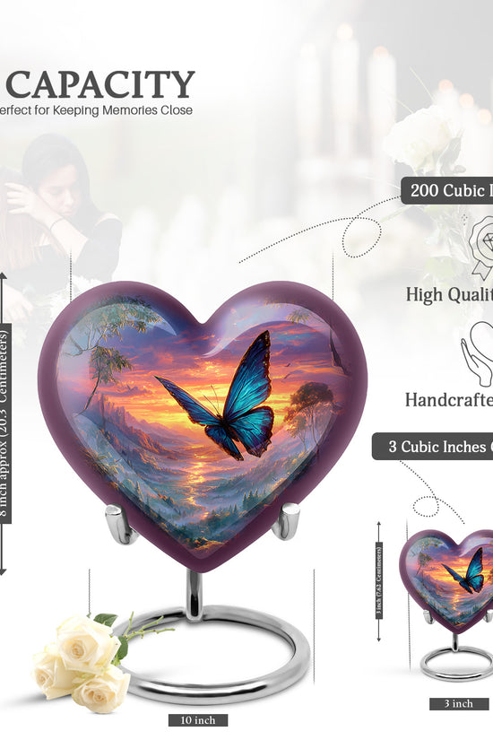 Vivid Blue Butterfly Cremation Urn front view showing detailed design - romantic heart urn with butterfly motif on aluminum - mini keepsake memorial for portion of cremation ashes