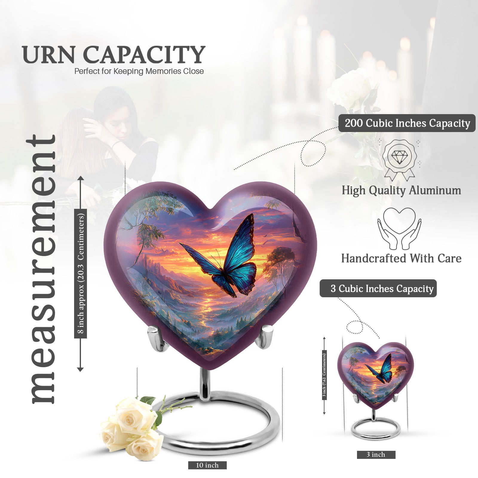 Vivid Blue Butterfly Cremation Urn front view showing detailed design - romantic heart urn with butterfly motif on aluminum - mini keepsake memorial for portion of cremation ashes