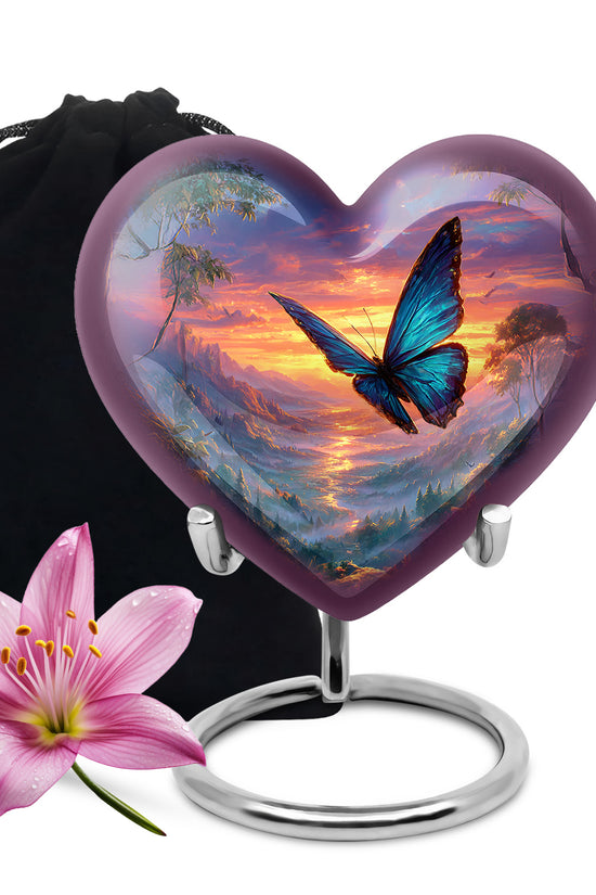 Icy Blue Butterfly Cremation Urn detail view - heart-shaped butterfly design symbolizing eternal love - full-size 10 inch 200 cubic inch adult cremation urn