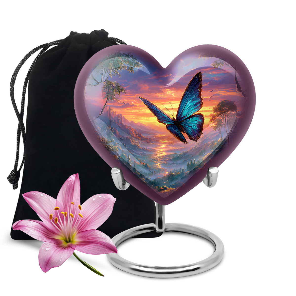 Icy Blue Butterfly Cremation Urn detail view - heart-shaped butterfly design symbolizing eternal love - full-size 10 inch 200 cubic inch adult cremation urn