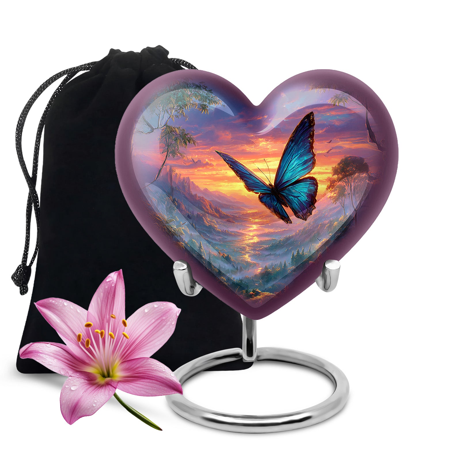 Icy Blue Butterfly Cremation Urn detail view - heart-shaped butterfly design symbolizing eternal love - full-size 10 inch 200 cubic inch adult cremation urn