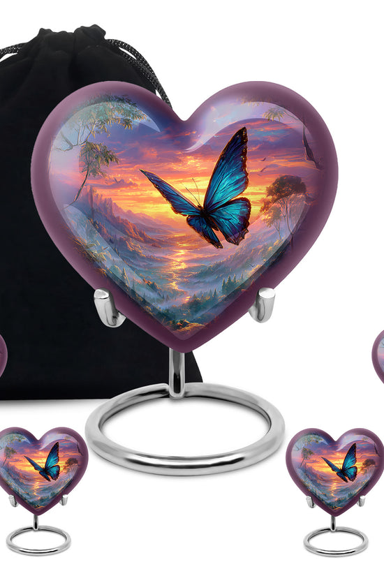 Celestial Blue Butterfly Cremation Urn close-up of engraving and surface detail - heart-shaped butterfly design symbolizing eternal love - memorial set with one large and four small urns