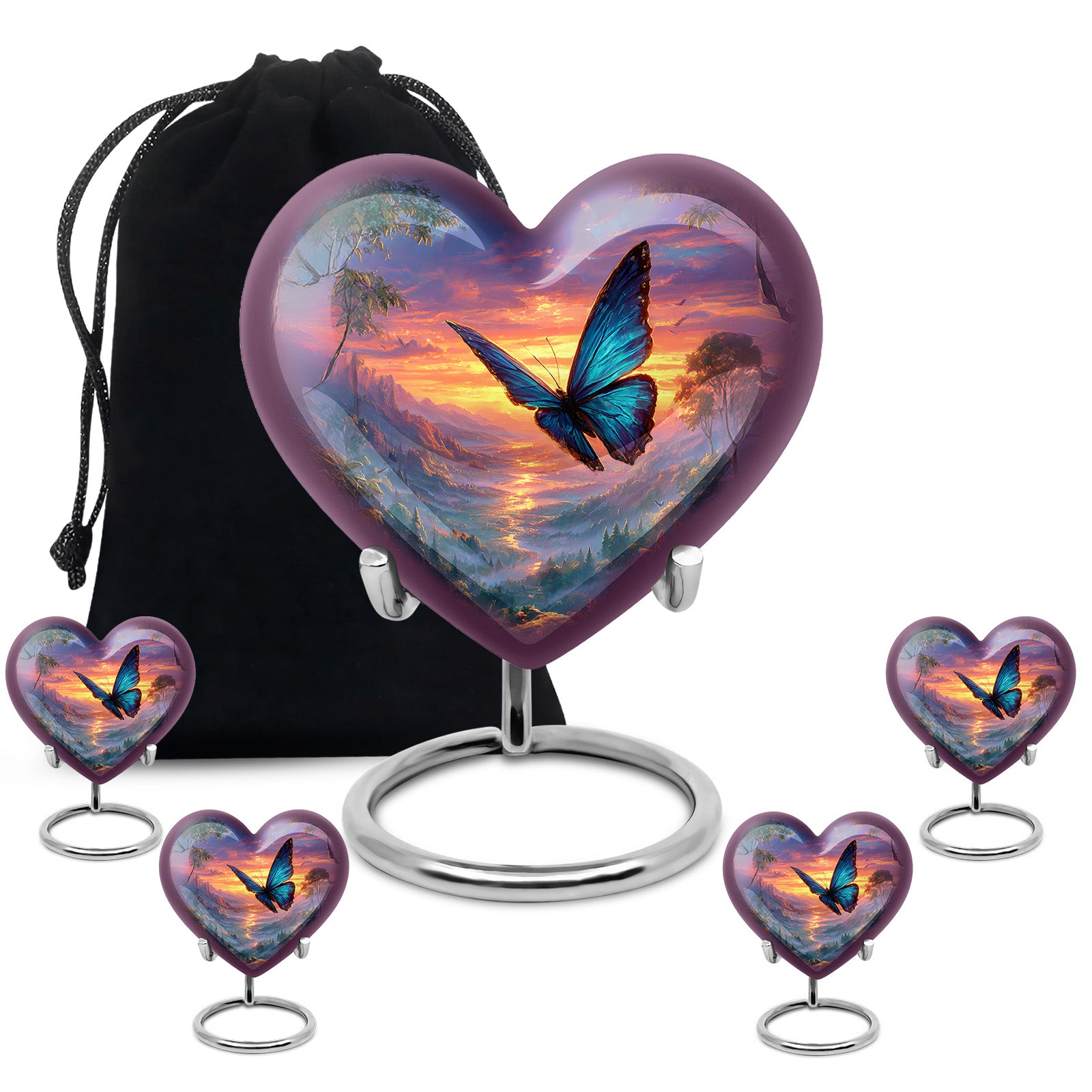 Celestial Blue Butterfly Cremation Urn close-up of engraving and surface detail - heart-shaped butterfly design symbolizing eternal love - memorial set with one large and four small urns