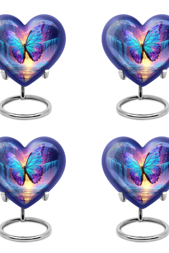 Twilight Blue Butterfly Cremation Urn angled view of lid and engraved motif - compassionate heart-butterfly combination with gentle curves - 10 inch aluminum urn for cremated remains
