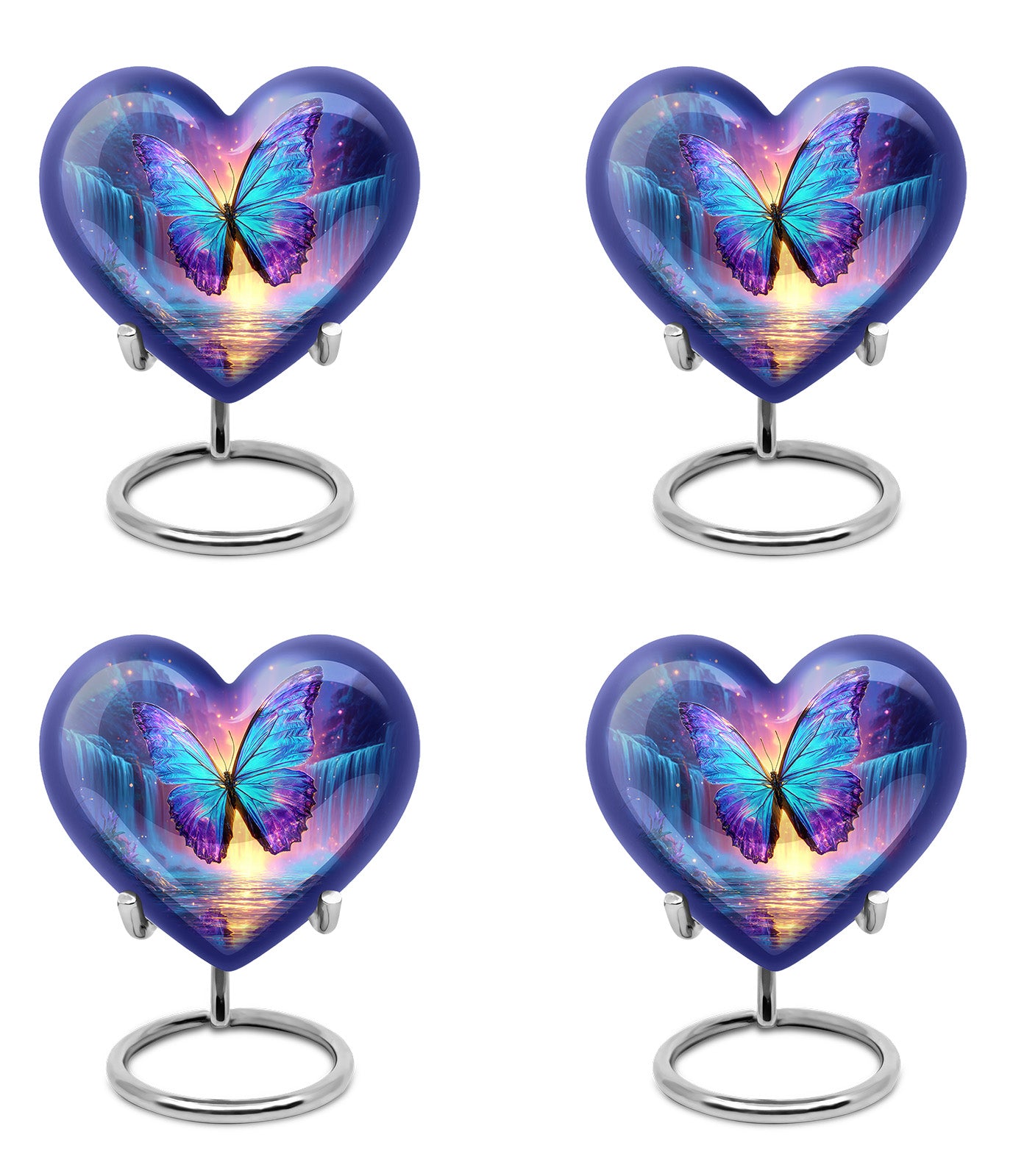 Twilight Blue Butterfly Cremation Urn angled view of lid and engraved motif - compassionate heart-butterfly combination with gentle curves - 10 inch aluminum urn for cremated remains