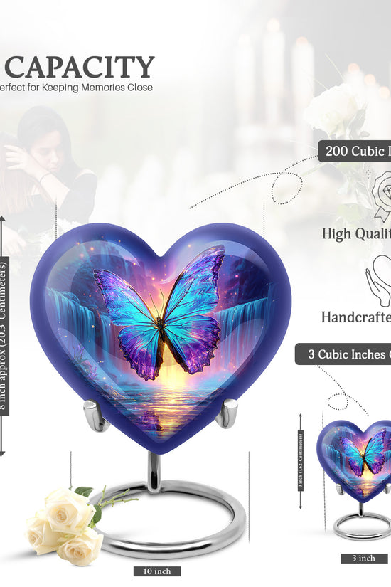 Misty Blue Butterfly Cremation Urn front view showing detailed design - loving heart memorial featuring butterfly pattern - mini keepsake memorial for portion of cremation ashes