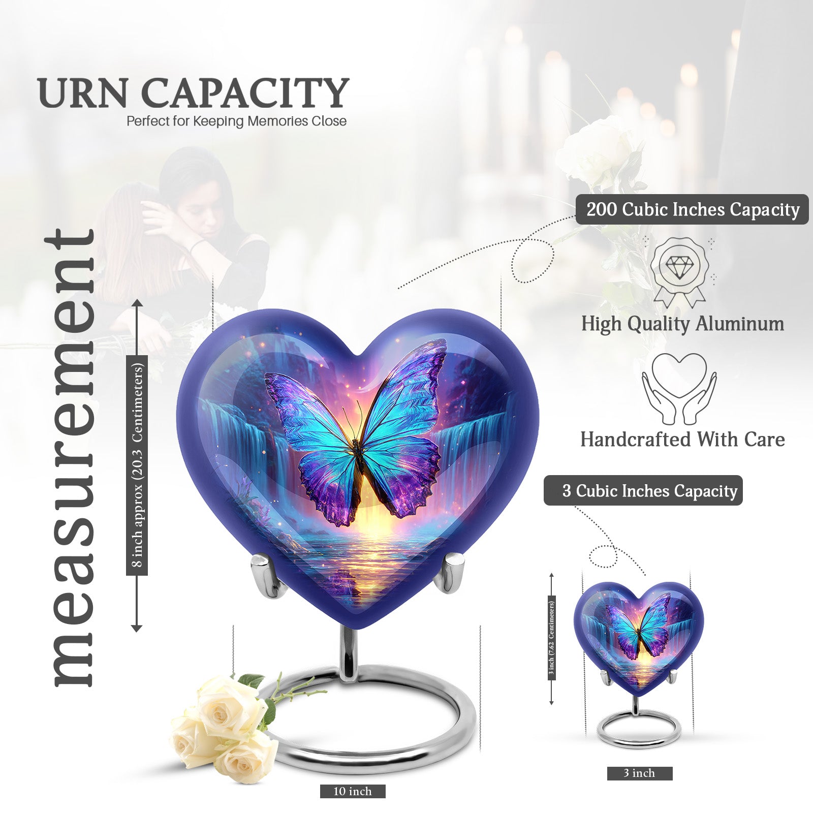 Misty Blue Butterfly Cremation Urn front view showing detailed design - loving heart memorial featuring butterfly pattern - mini keepsake memorial for portion of cremation ashes