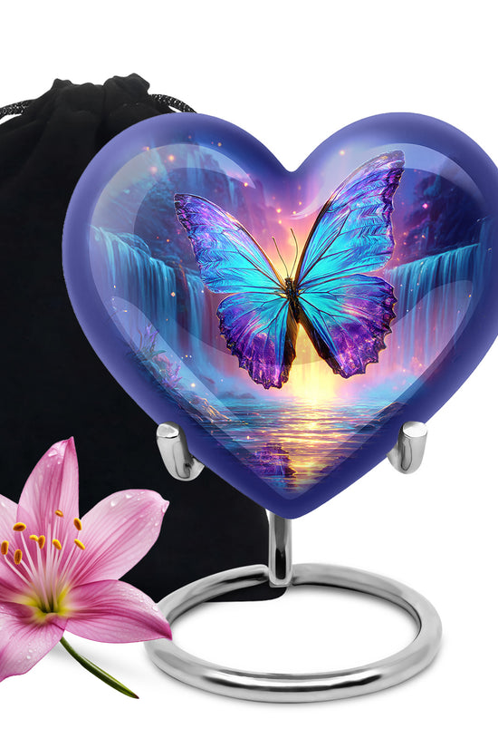 Twilight Blue Butterfly Cremation Urn detail view - compassionate heart-butterfly combination with gentle curves - full-size 10 inch 200 cubic inch adult cremation urn