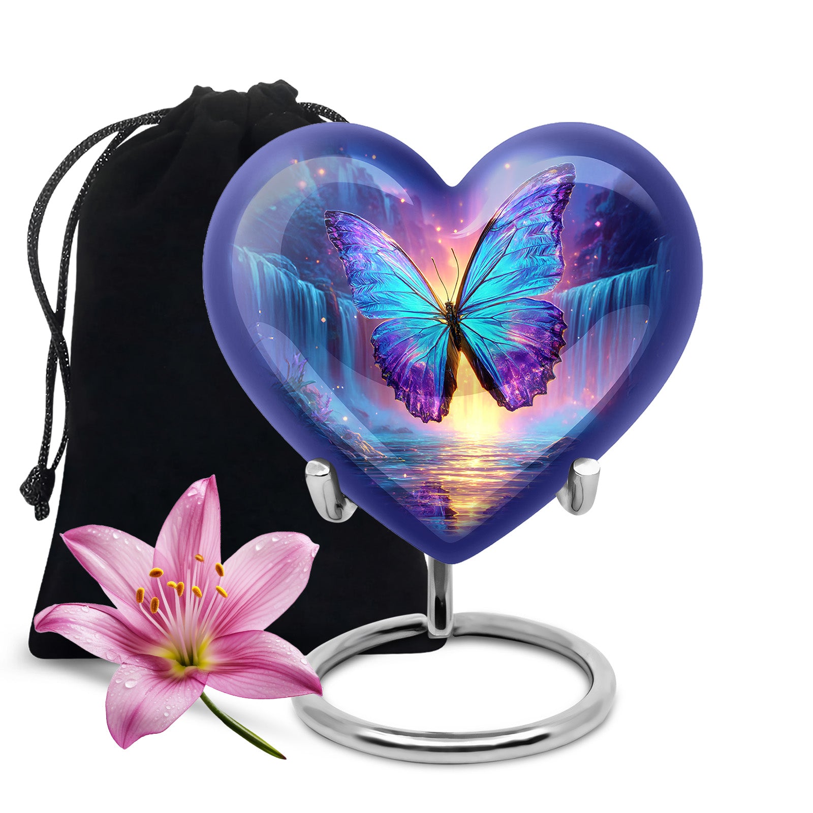 Twilight Blue Butterfly Cremation Urn detail view - compassionate heart-butterfly combination with gentle curves - full-size 10 inch 200 cubic inch adult cremation urn