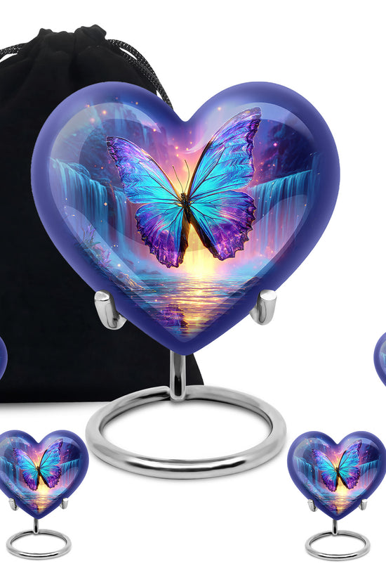 Serene Blue Butterfly Cremation Urn close-up of engraving and surface detail - romantic heart urn with butterfly motif on aluminum - memorial set with one large and four small urns