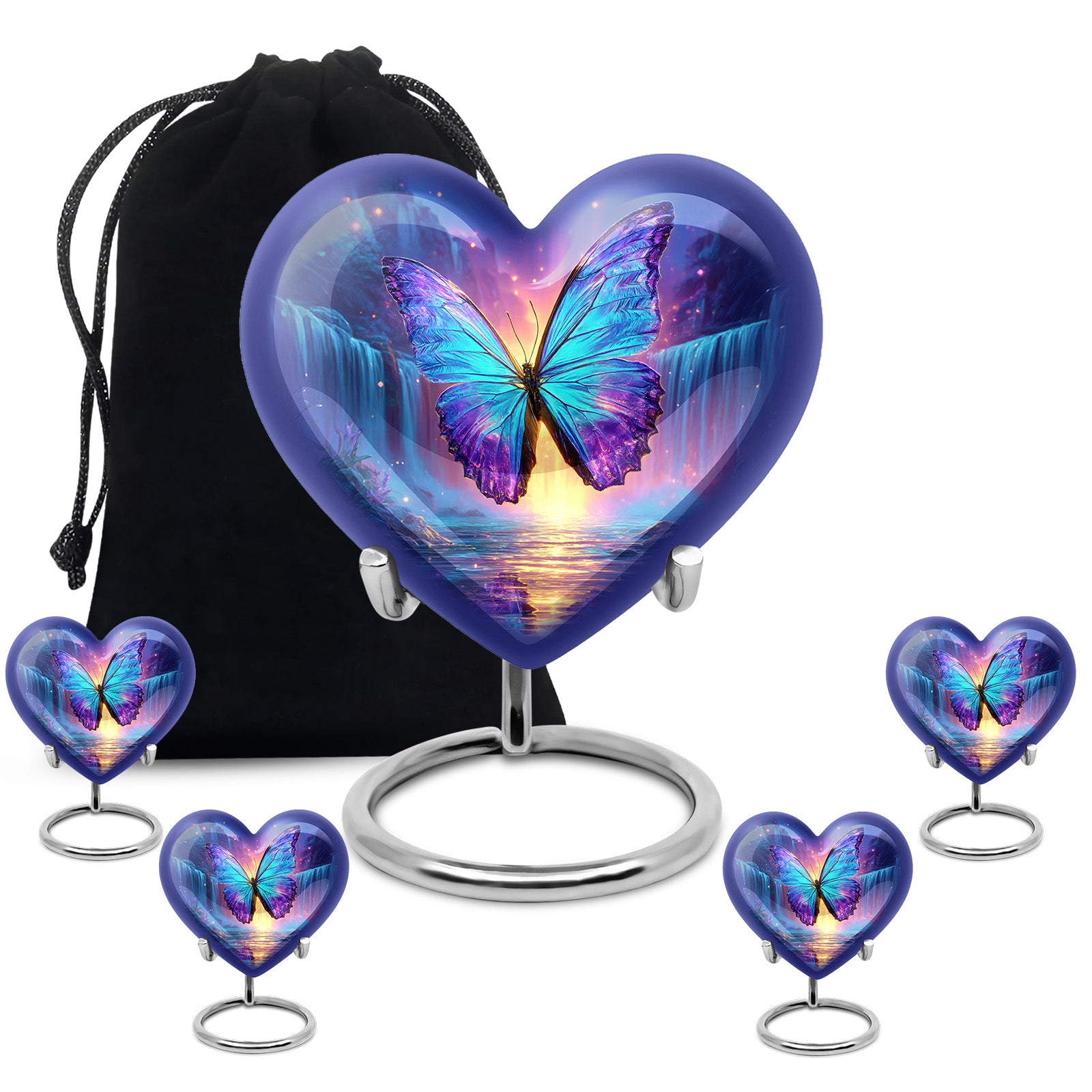 Serene Blue Butterfly Cremation Urn close-up of engraving and surface detail - romantic heart urn with butterfly motif on aluminum - memorial set with one large and four small urns