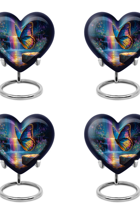 Twilight Blue Butterfly Cremation Urn angled view of lid and engraved motif - compassionate heart-butterfly combination with gentle curves - 10 inch aluminum urn for cremated remains