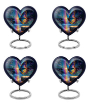 Twilight Blue Butterfly Cremation Urn angled view of lid and engraved motif - compassionate heart-butterfly combination with gentle curves - 10 inch aluminum urn for cremated remains
