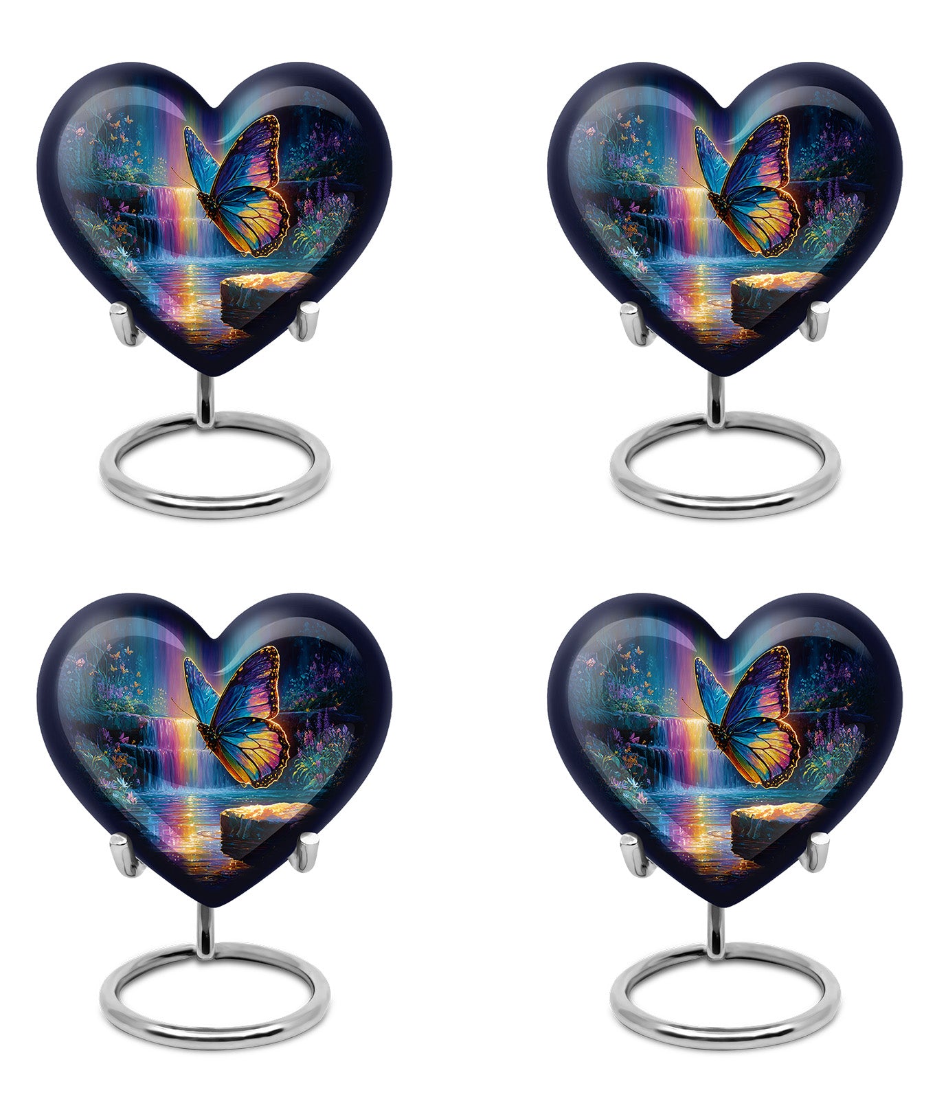 Twilight Blue Butterfly Cremation Urn angled view of lid and engraved motif - compassionate heart-butterfly combination with gentle curves - 10 inch aluminum urn for cremated remains